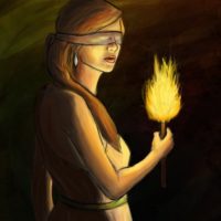 cartoon of blindfolded woman with torch